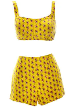 1960s Gidget Yellow Paisley 2 Piece Swimsuit or Playsuit