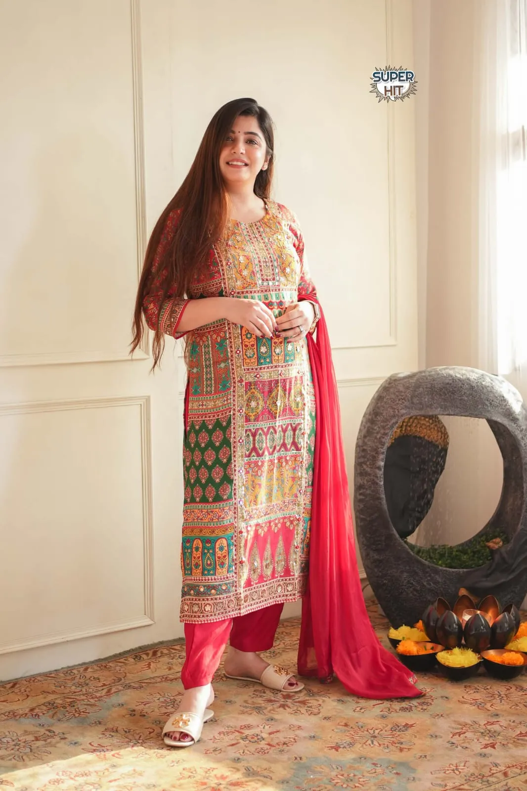 Beautiful Printed Maslin with full Sequence Suit