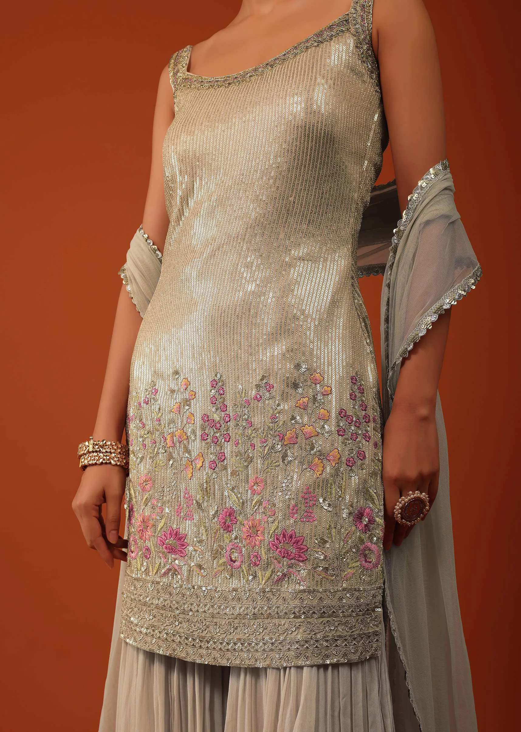 Beige Kurti And Sharara Set In Georgette With Sequins Work