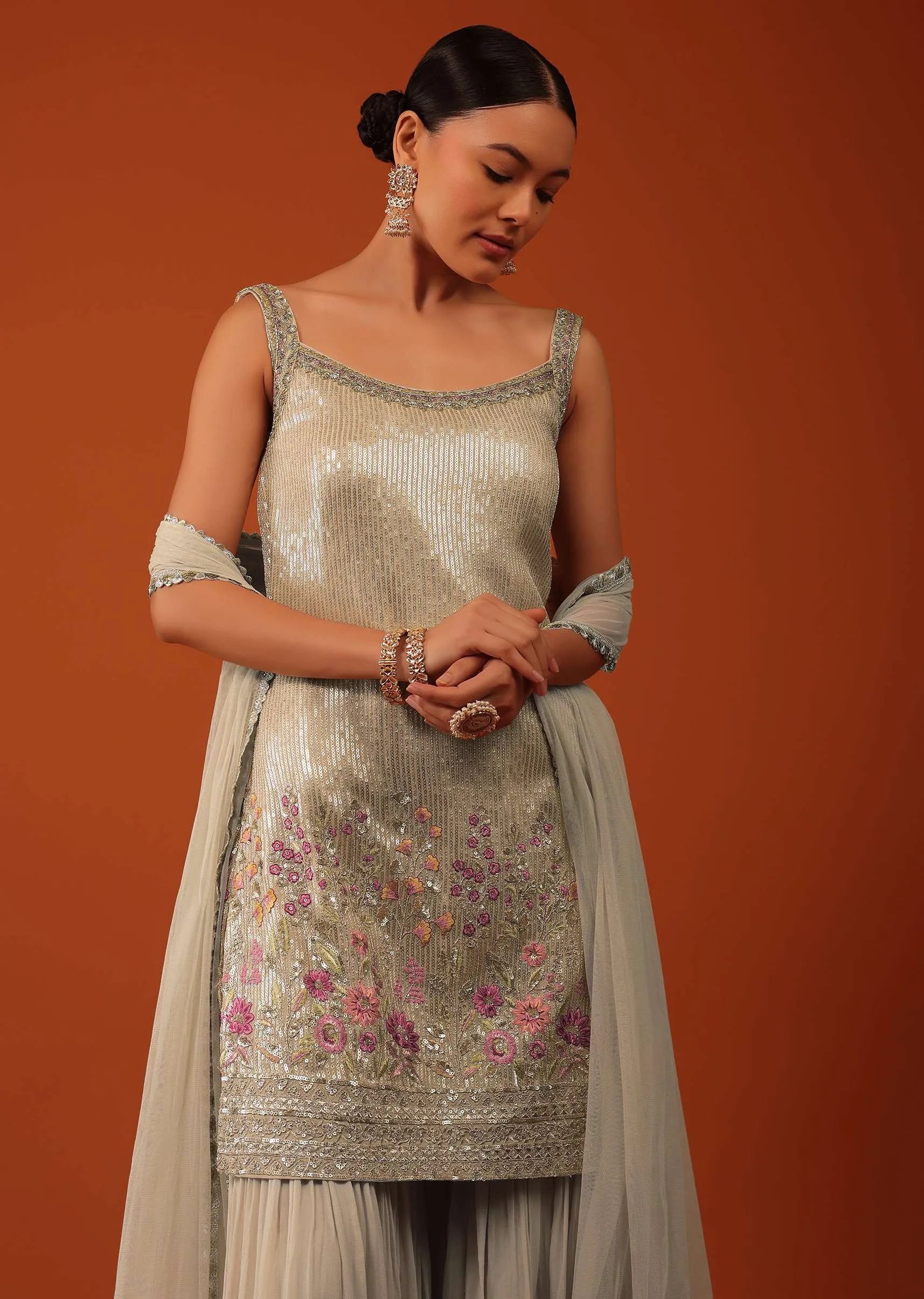 Beige Kurti And Sharara Set In Georgette With Sequins Work