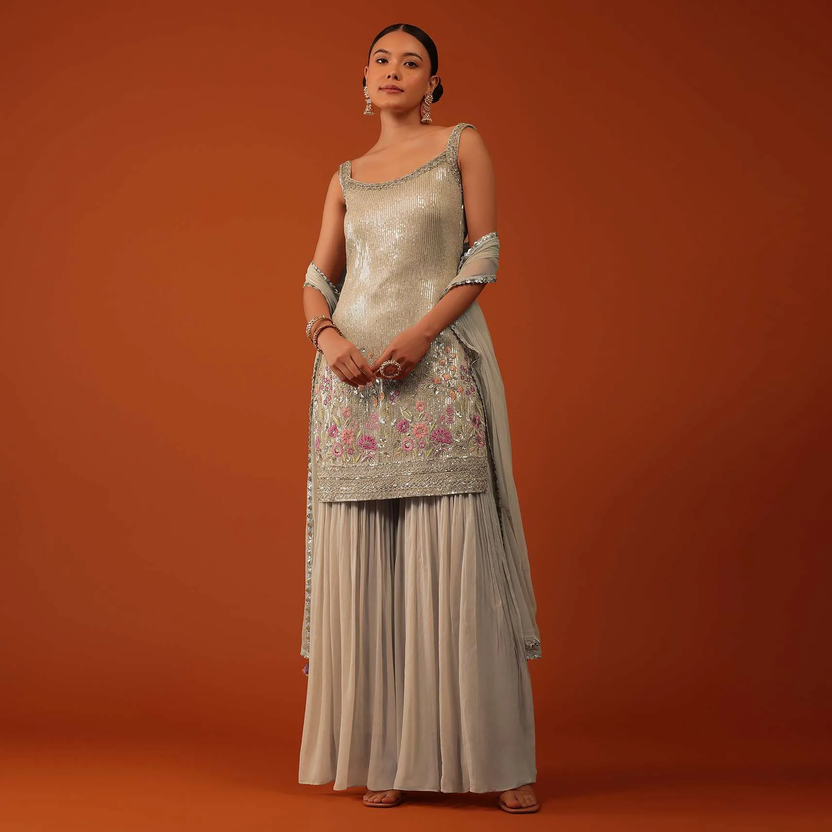 Beige Kurti And Sharara Set In Georgette With Sequins Work