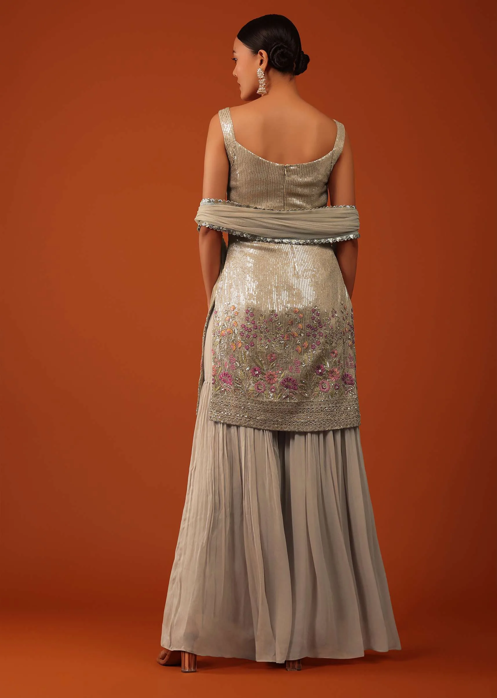 Beige Kurti And Sharara Set In Georgette With Sequins Work