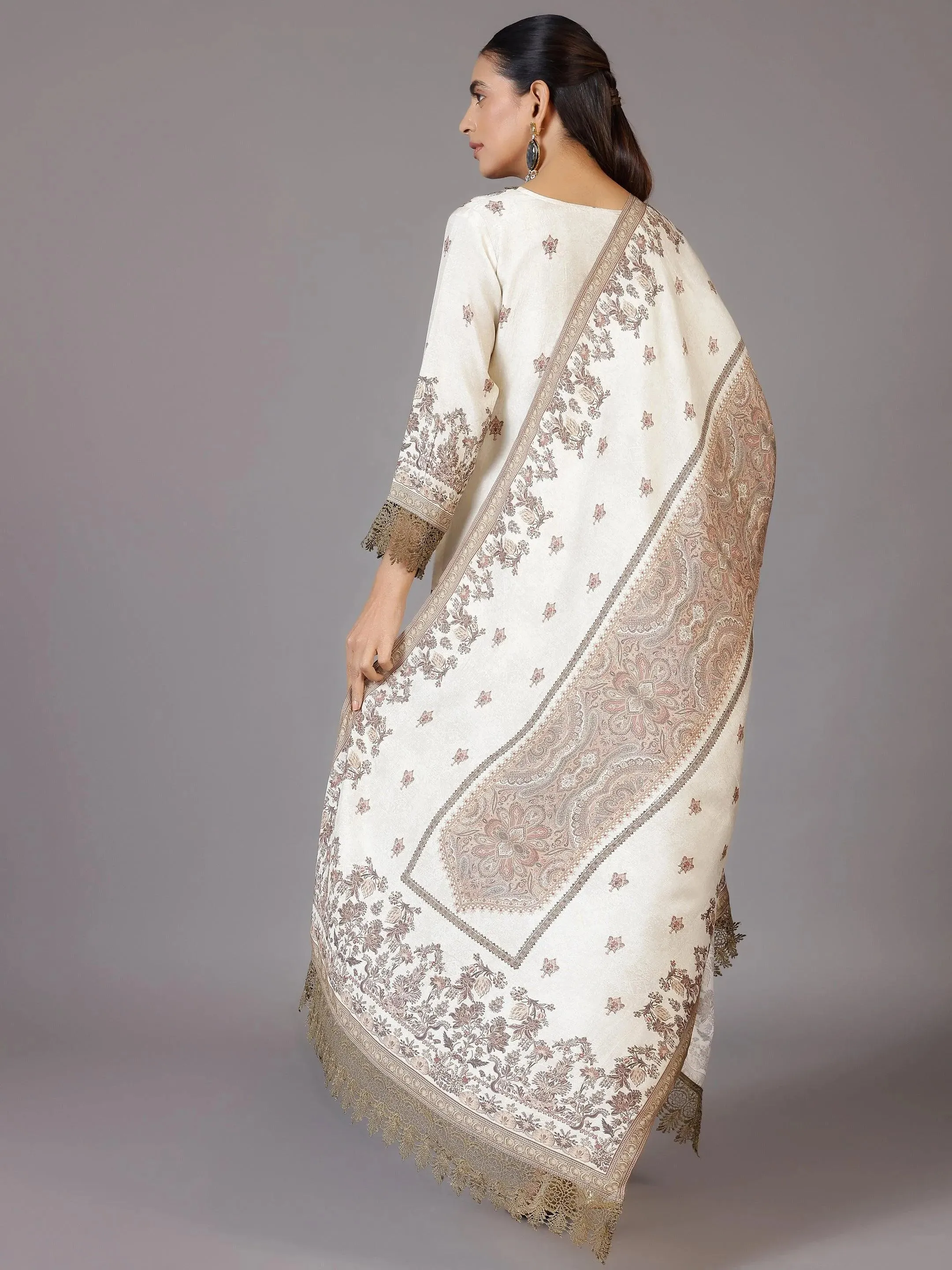 Beige Printed Silk Blend Pakistani Suit