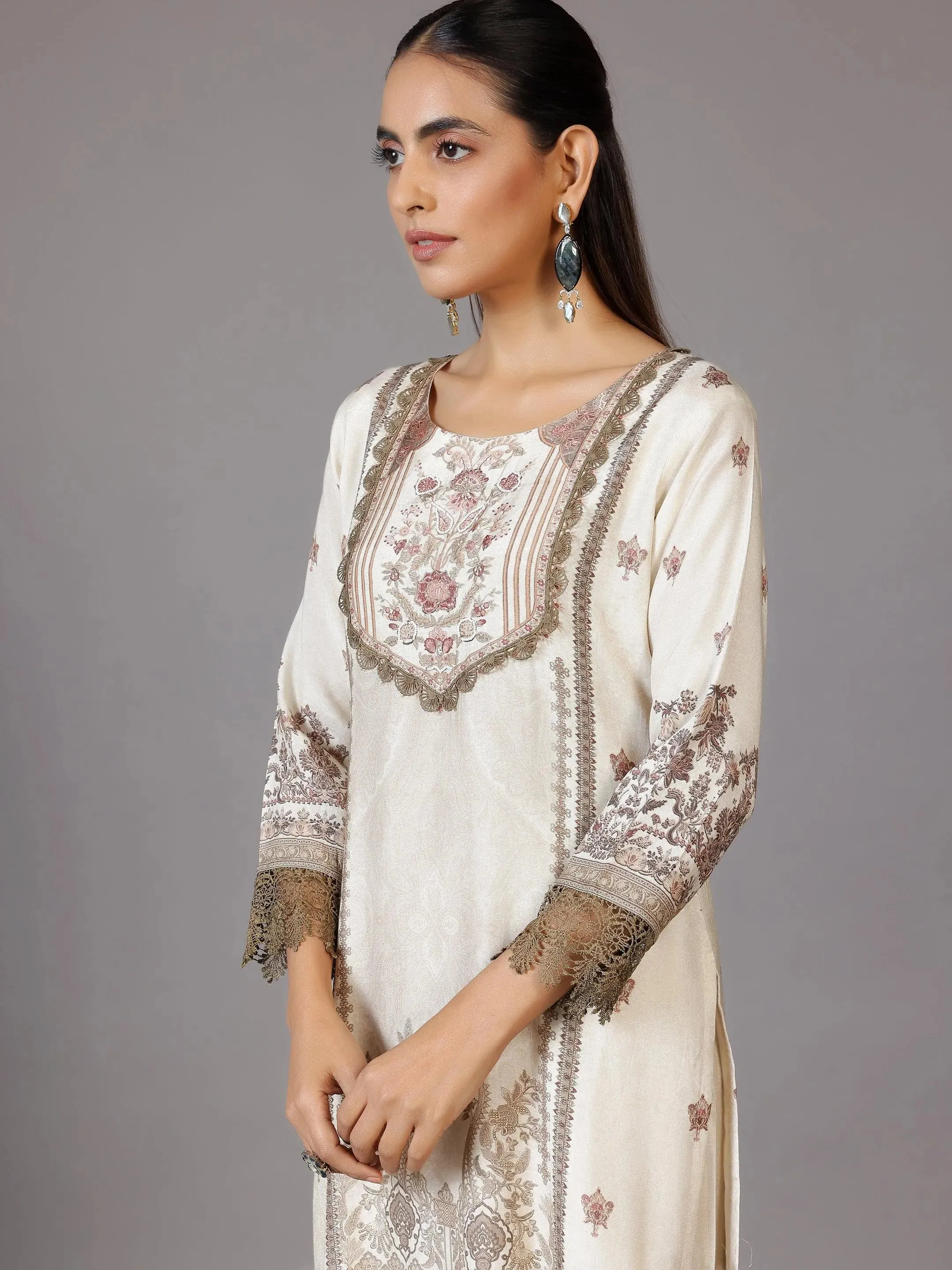Beige Printed Silk Blend Pakistani Suit