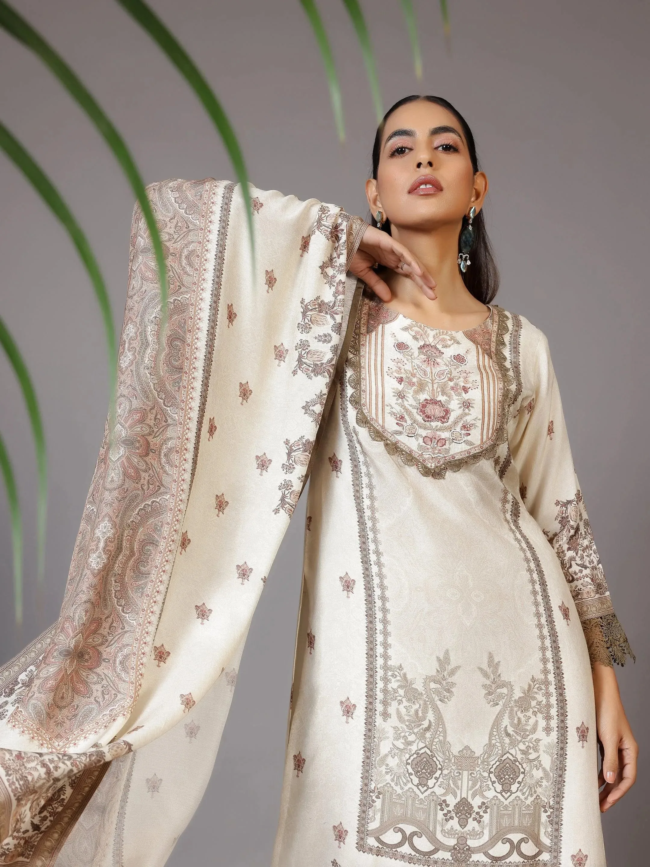 Beige Printed Silk Blend Pakistani Suit