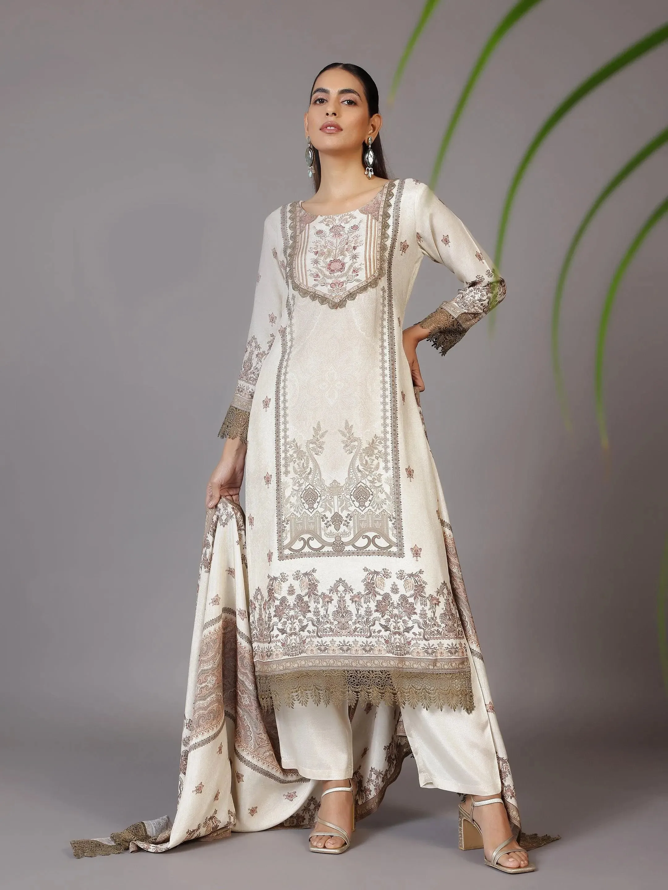Beige Printed Silk Blend Pakistani Suit
