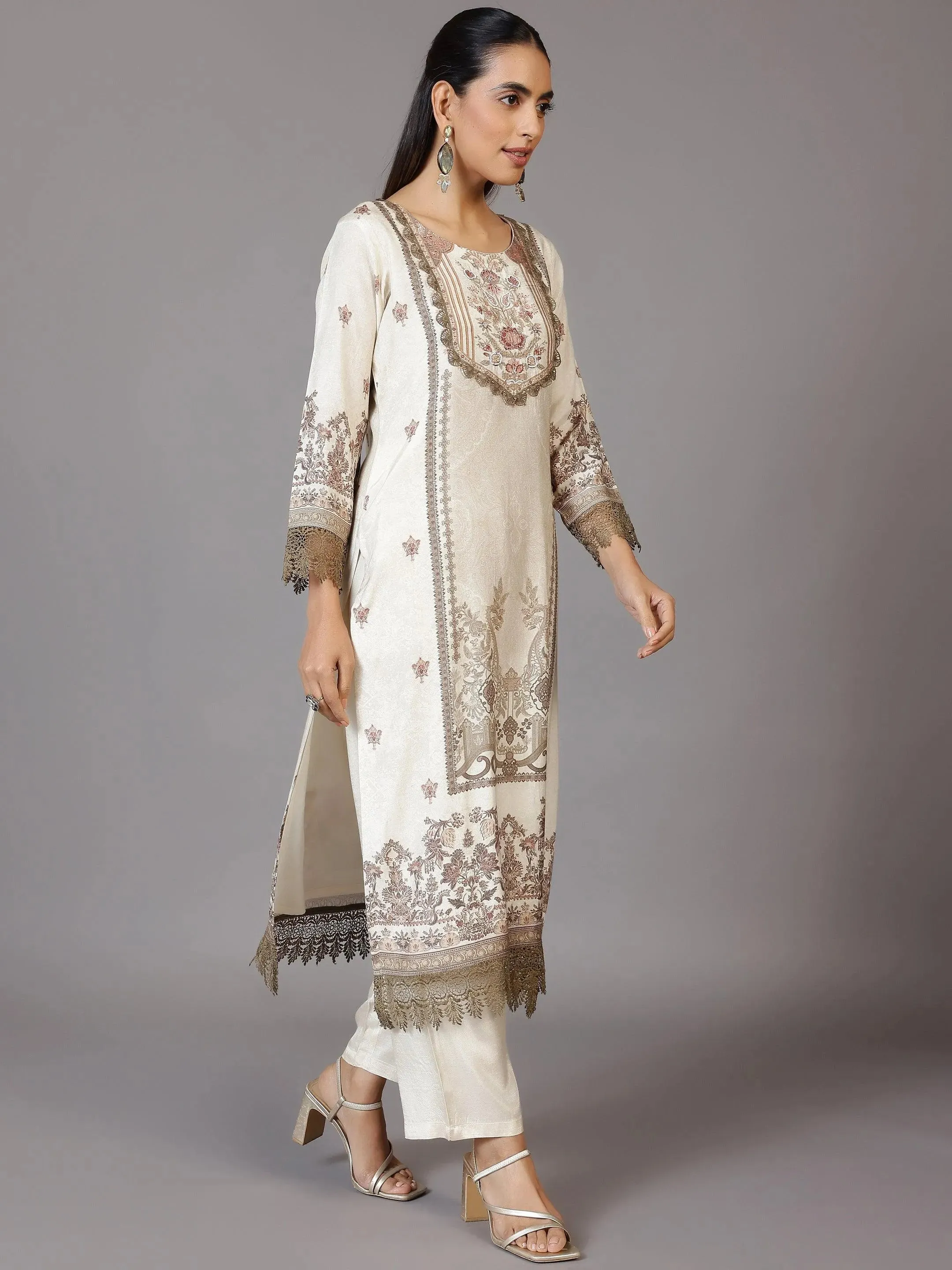 Beige Printed Silk Blend Pakistani Suit