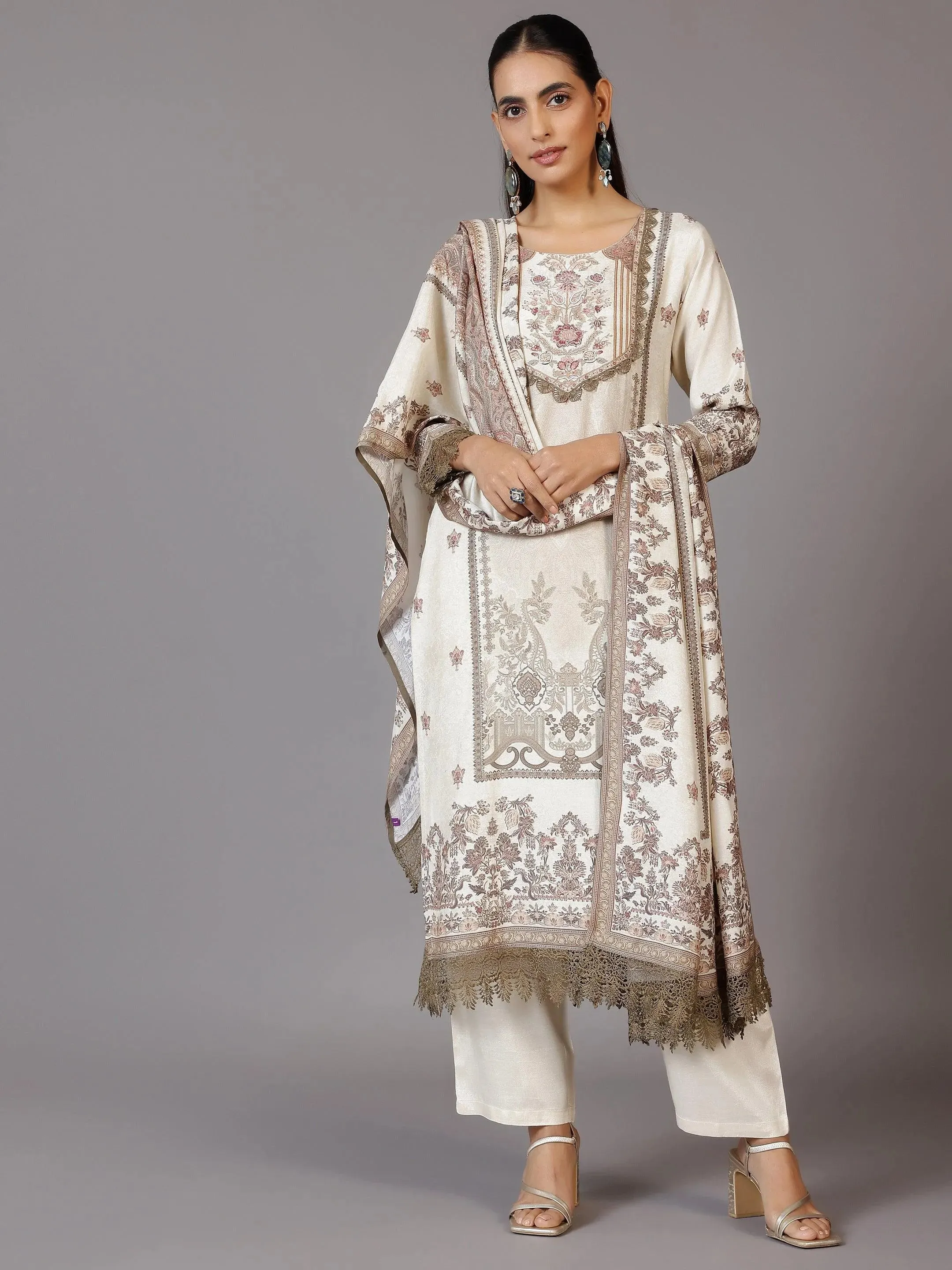 Beige Printed Silk Blend Pakistani Suit