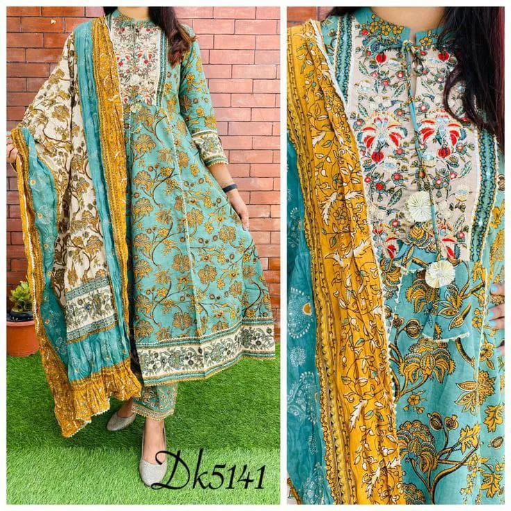 Beutiful Jaipuri Cotton Print Anarkali Gown With Pent With Duppata Suite