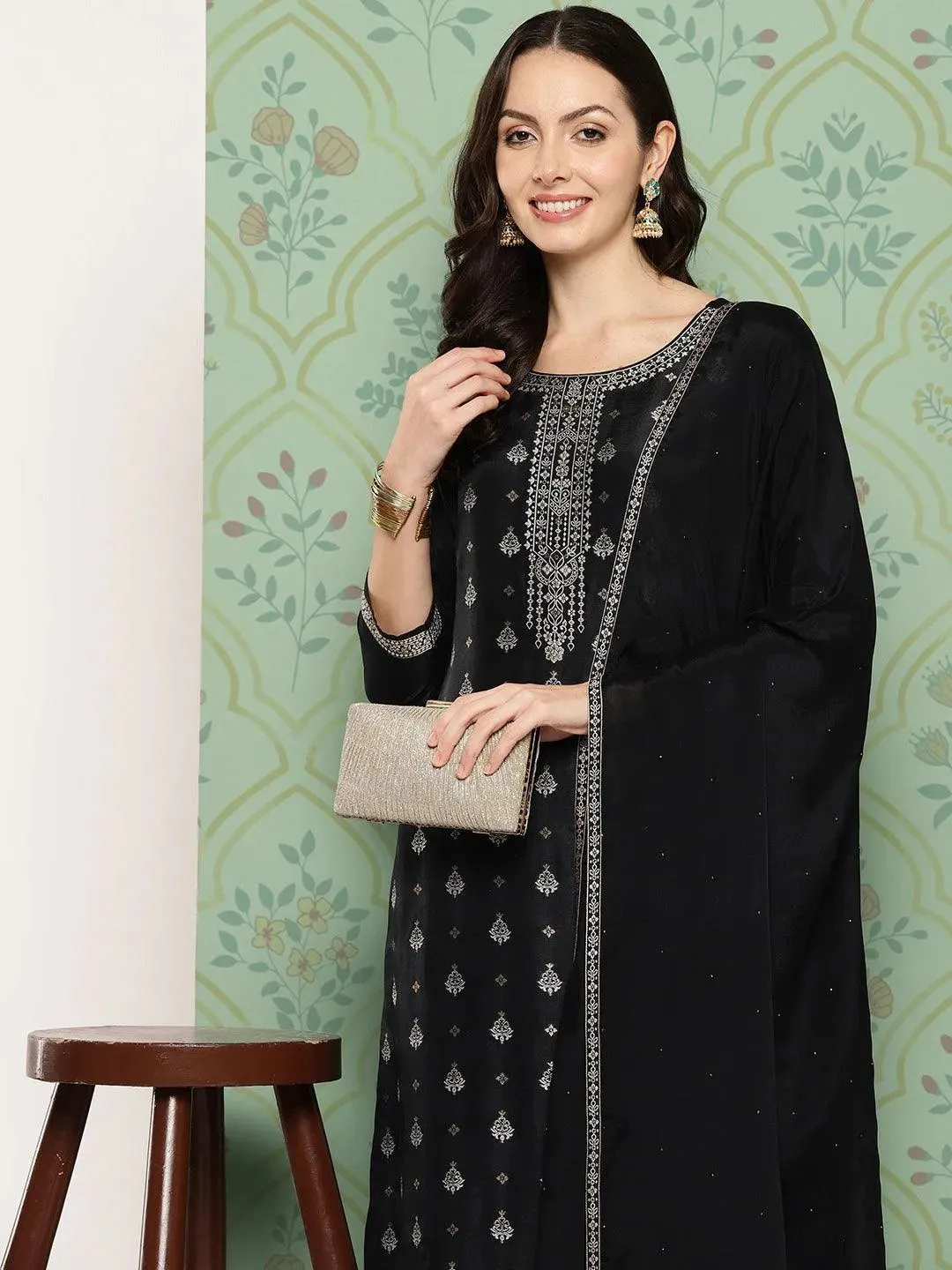 Black Woven Design Silk Blend Pakistani Suit