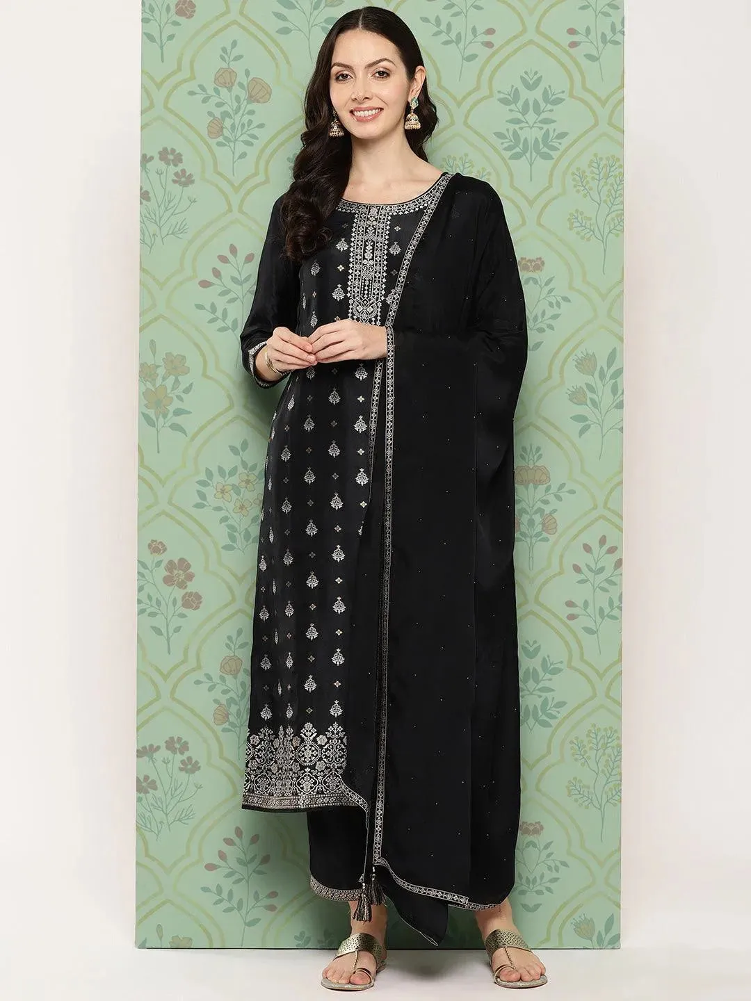 Black Woven Design Silk Blend Pakistani Suit