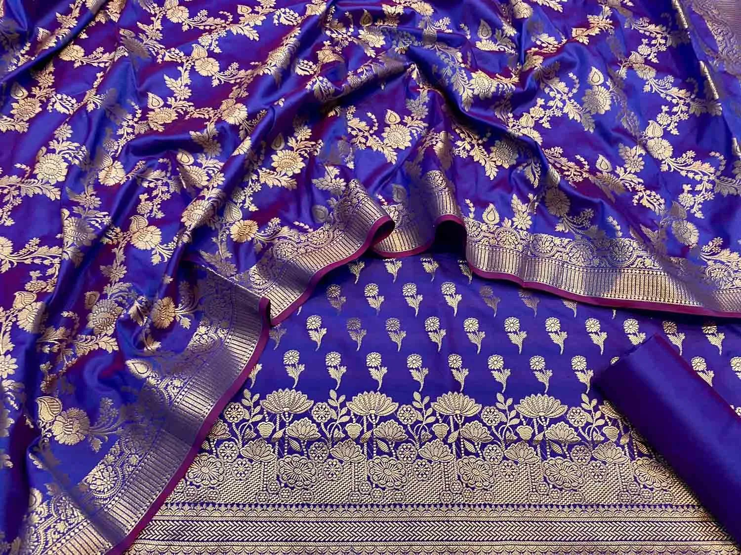 Blue Banarasi Silk Three Piece Unstitched Suit