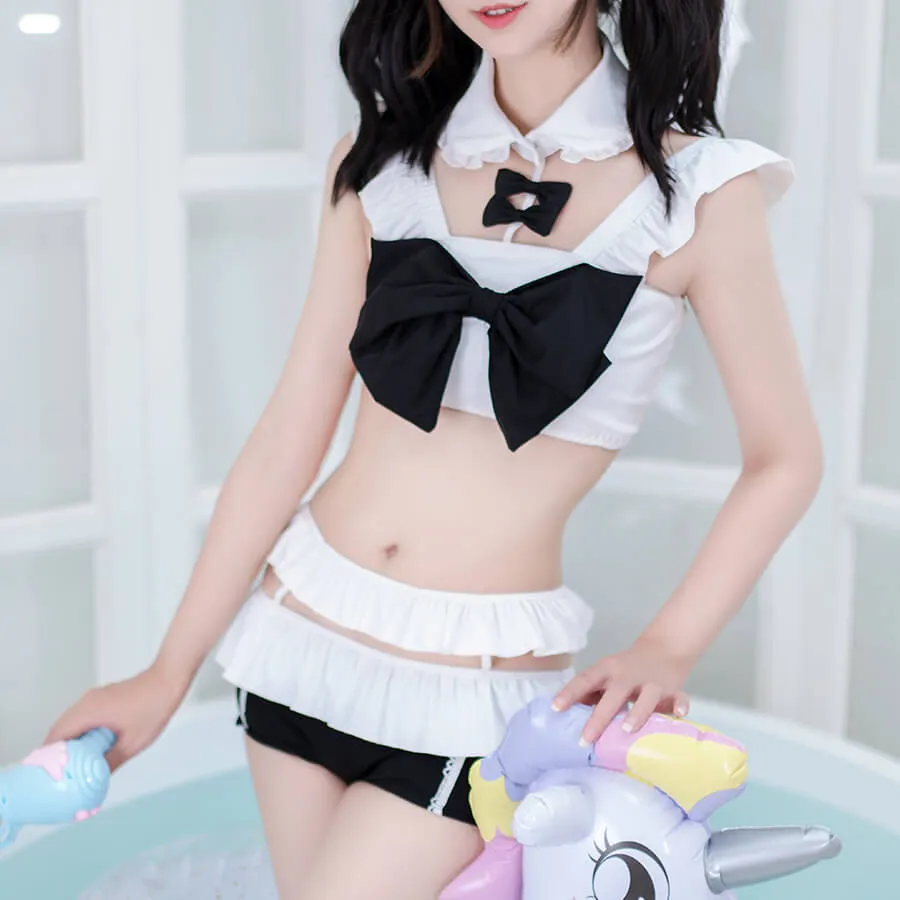 Girly Kawaii Bows Ruffle Two Pieces Bathing Suit