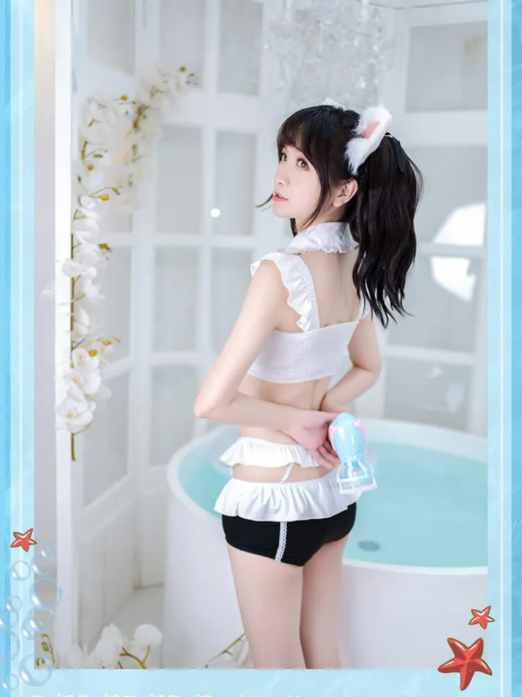 Girly Kawaii Bows Ruffle Two Pieces Bathing Suit
