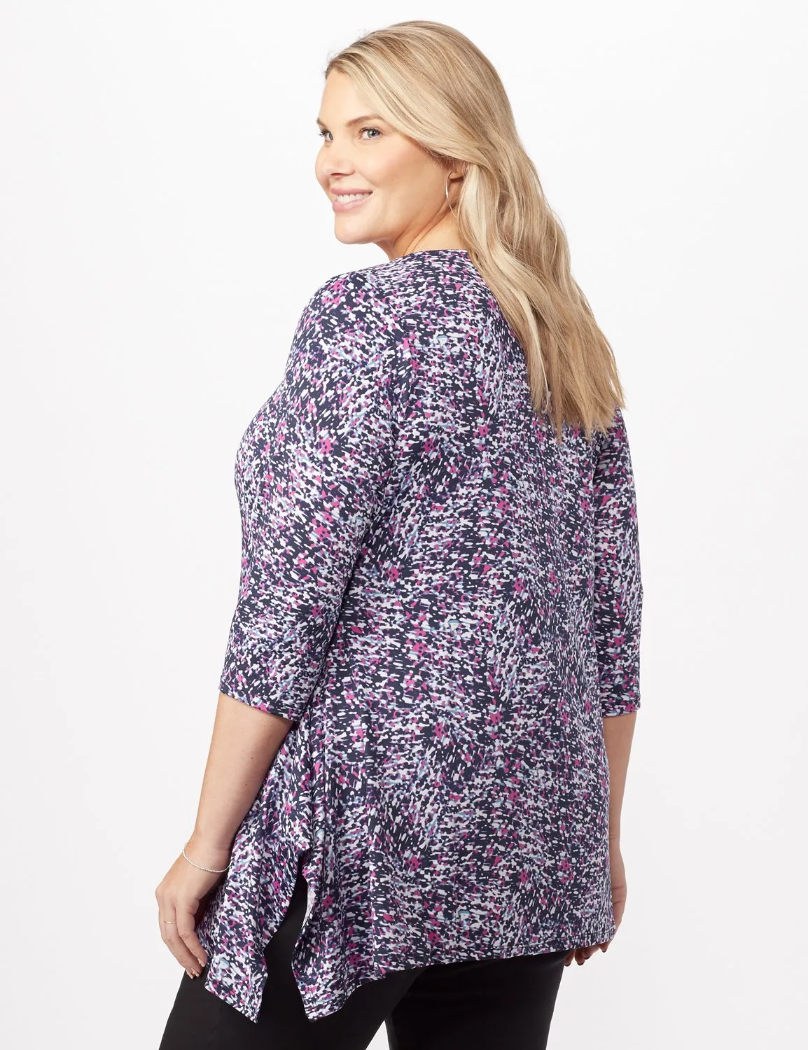 Grommet Neckline Abstract Sharkbite Hem Knit Top