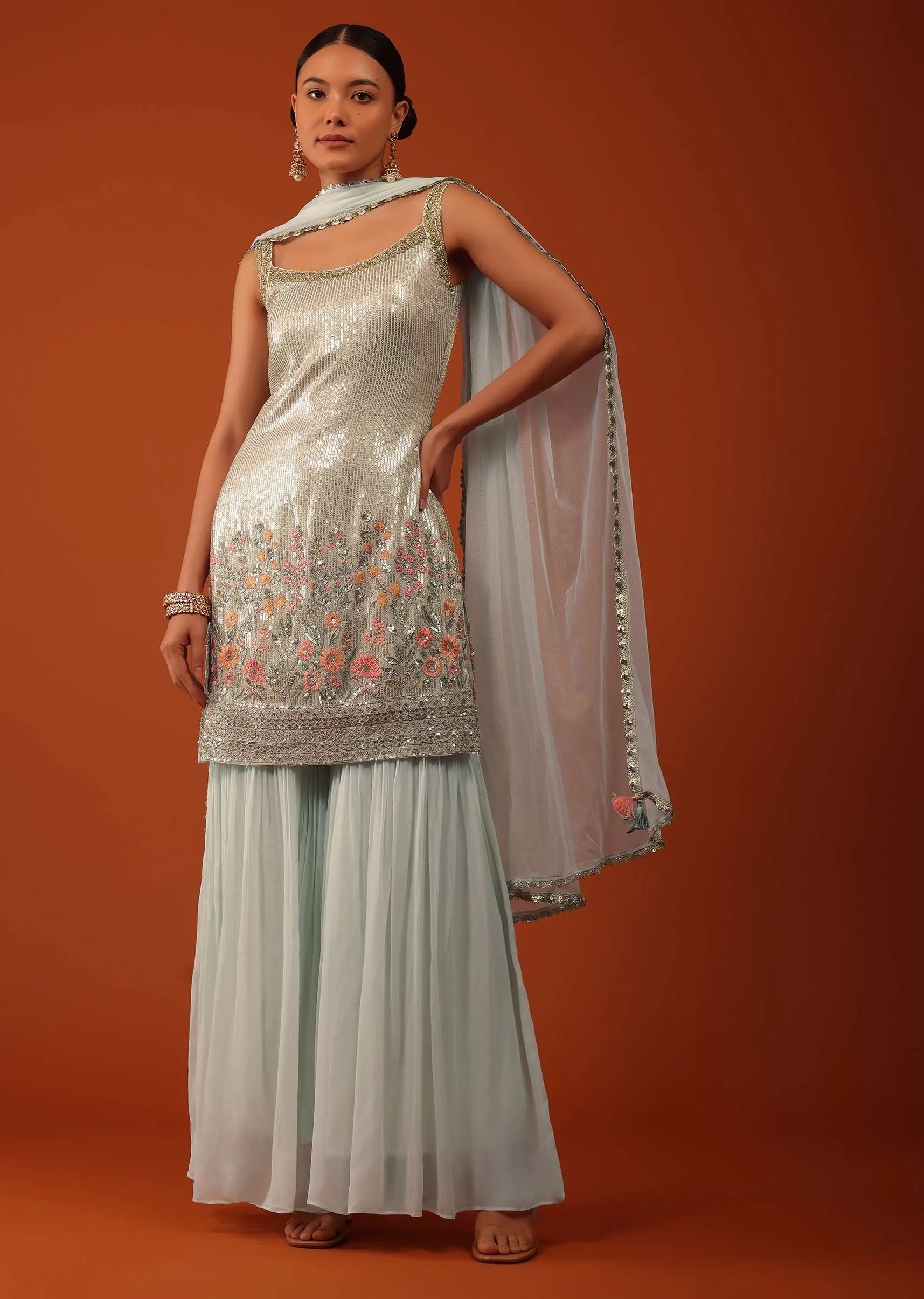 Light Mint Green Kurti And Sharara Set In Georgette With Sequins Work