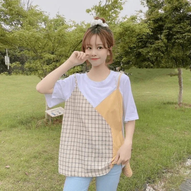 Plaid Color Block Round Collar T-shirt