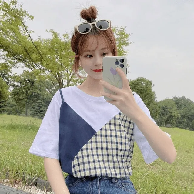 Plaid Color Block Round Collar T-shirt