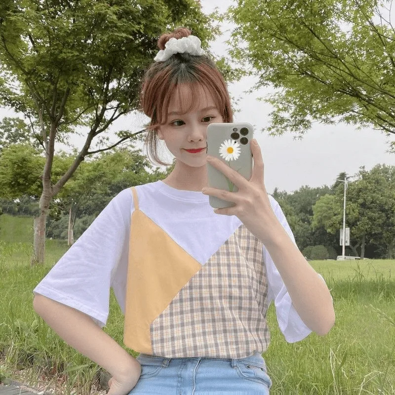 Plaid Color Block Round Collar T-shirt