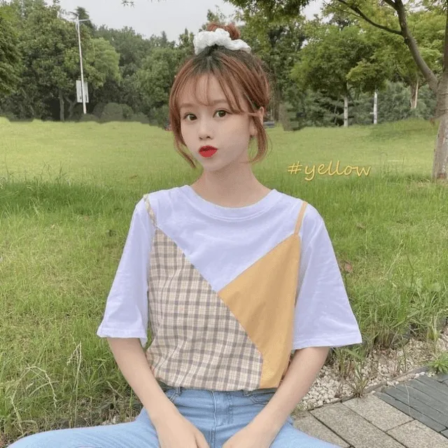 Plaid Color Block Round Collar T-shirt
