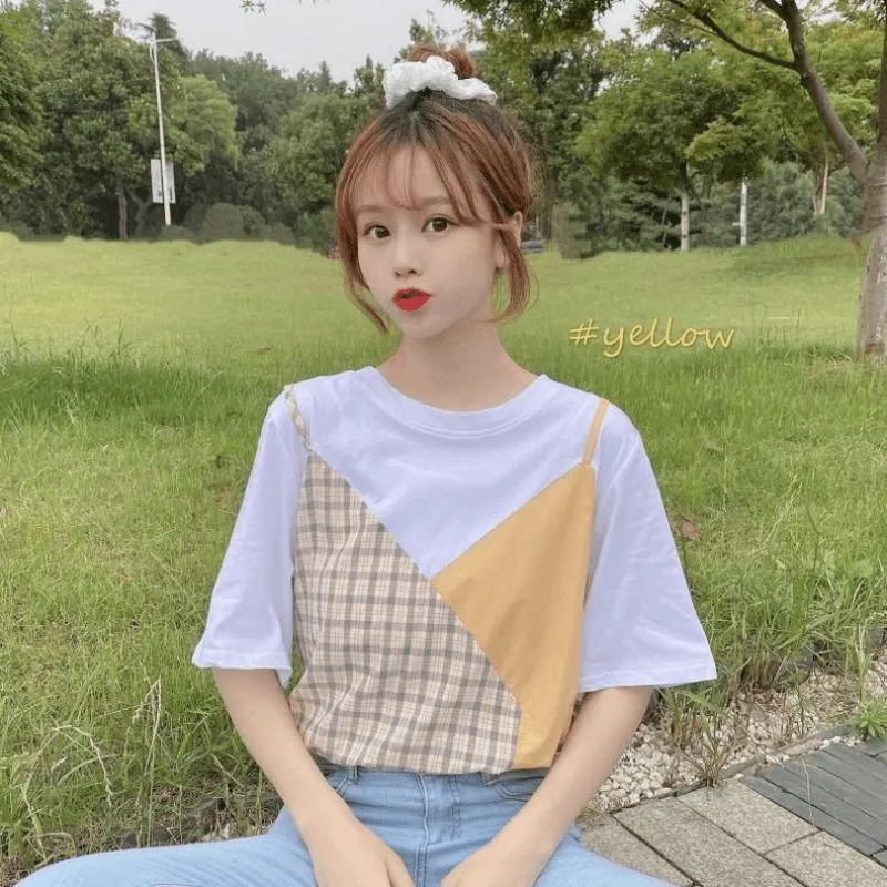 Plaid Color Block Round Collar T-shirt
